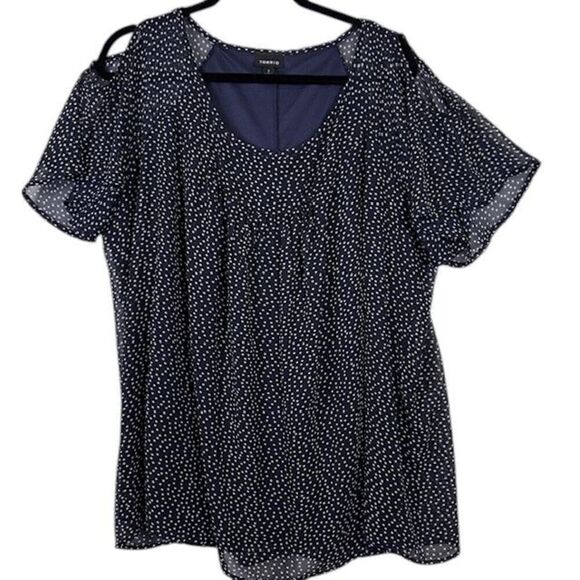 Torrid Cold Shoulder Blouse Navy Blue White Polka Dots Lined Flowy Size 1X - Picture 1 of 10